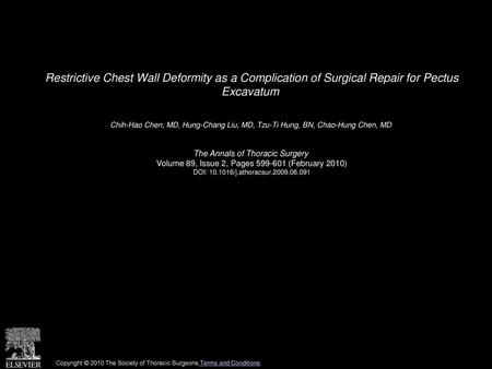 Restrictive Chest Wall Deformity as a Complication of Surgical Repair for Pectus Excavatum  Chih-Hao Chen, MD, Hung-Chang Liu, MD, Tzu-Ti Hung, BN, Chao-Hung.