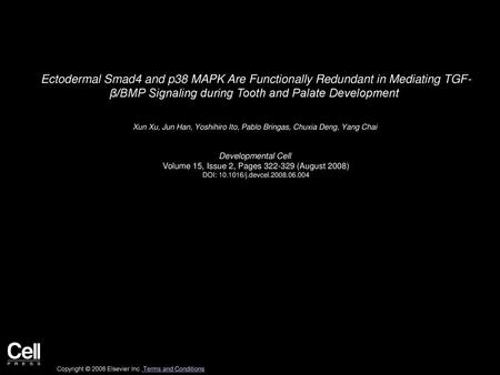 Ectodermal Smad4 and p38 MAPK Are Functionally Redundant in Mediating TGF- β/BMP Signaling during Tooth and Palate Development  Xun Xu, Jun Han, Yoshihiro.