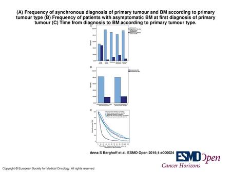 (A) Frequency of synchronous diagnosis of primary tumour and BM according to primary tumour type (B) Frequency of patients with asymptomatic BM at first.