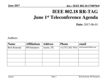 IEEE RR-TAG June 1st Teleconference Agenda