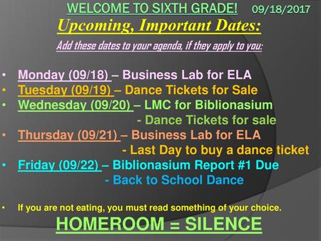 Welcome to sixth grade! 09/18/2017