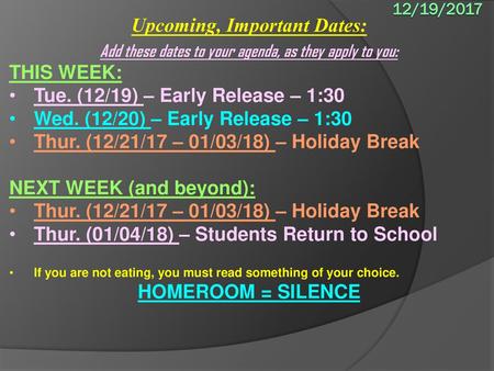 Upcoming, Important Dates:
