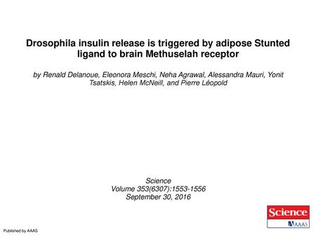 Drosophila insulin release is triggered by adipose Stunted ligand to brain Methuselah receptor by Renald Delanoue, Eleonora Meschi, Neha Agrawal, Alessandra.