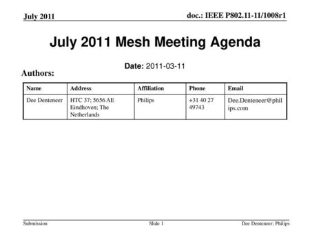 July 2011 Mesh Meeting Agenda