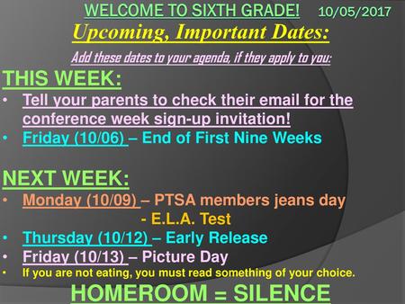 Welcome to sixth grade! 10/05/2017