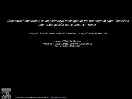 Transcaval embolization as an alternative technique for the treatment of type II endoleak after endovascular aortic aneurysm repair  Salvatore T. Scali,