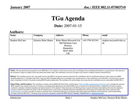 TGu Agenda Date: Authors: January 2007 January 2007