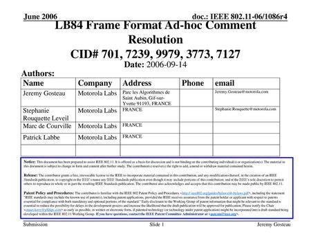 June 2006 doc.: IEEE 802.11-06/0851r0 June 2006 LB84 Frame Format Ad-hoc Comment Resolution CID# 701, 7239, 9979, 3773, 7127 Date: 2006-09-14 Authors: