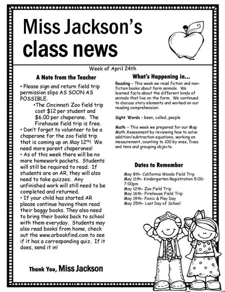 class news Miss Jackson’s A Note from the Teacher