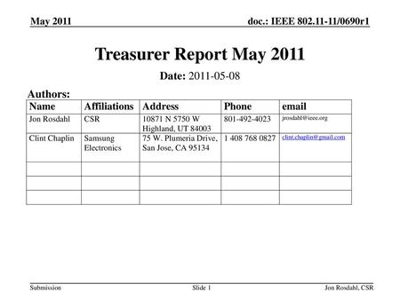Treasurer Report May 2011 Date: Authors: May 2011 May 2011