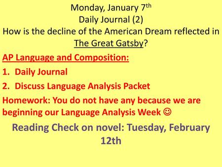 Reading Check on novel: Tuesday, February 12th