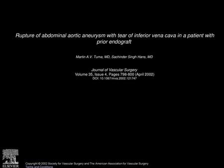 Rupture of abdominal aortic aneurysm with tear of inferior vena cava in a patient with prior endograft  Martin A.V. Tuma, MD, Sachinder Singh Hans, MD 