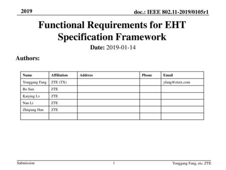 Functional Requirements for EHT Specification Framework