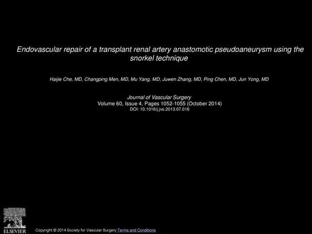 Endovascular repair of a transplant renal artery anastomotic pseudoaneurysm using the snorkel technique  Haijie Che, MD, Changping Men, MD, Mu Yang, MD,