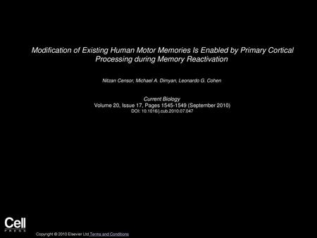 Modification of Existing Human Motor Memories Is Enabled by Primary Cortical Processing during Memory Reactivation  Nitzan Censor, Michael A. Dimyan,