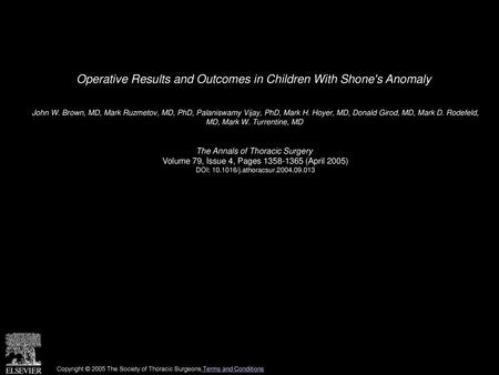 Operative Results and Outcomes in Children With Shone's Anomaly