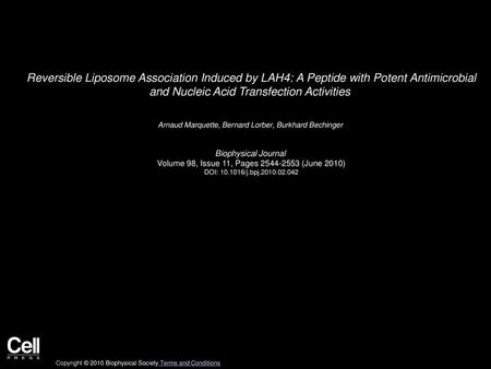 Reversible Liposome Association Induced by LAH4: A Peptide with Potent Antimicrobial and Nucleic Acid Transfection Activities  Arnaud Marquette, Bernard.