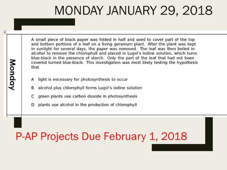 Monday January 29, 2018 P-AP Projects Due February 1, 2018.