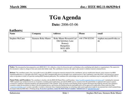 TGu Agenda Date: Authors: March 2006 March 2006
