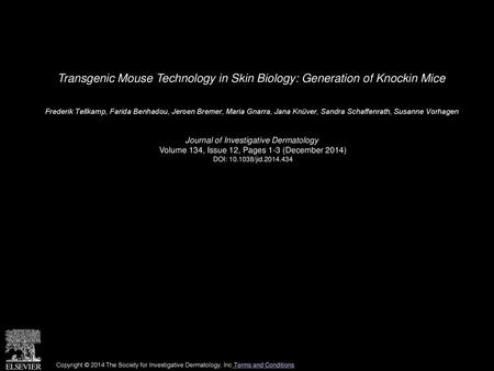 Transgenic Mouse Technology in Skin Biology: Generation of Knockin Mice  Frederik Tellkamp, Farida Benhadou, Jeroen Bremer, Maria Gnarra, Jana Knüver,