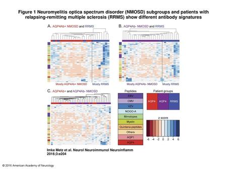 Figure 1 Neuromyelitis optica spectrum disorder (NMOSD) subgroups and patients with relapsing-remitting multiple sclerosis (RRMS) show different antibody.