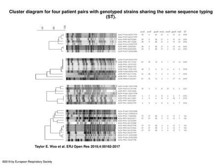 Cluster diagram for four patient pairs with genotyped strains sharing the same sequence typing (ST). Cluster diagram for four patient pairs with genotyped.