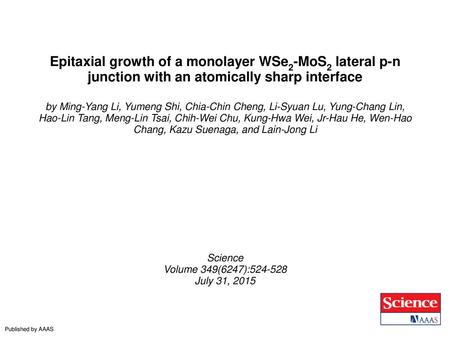 Epitaxial growth of a monolayer WSe2-MoS2 lateral p-n junction with an atomically sharp interface by Ming-Yang Li, Yumeng Shi, Chia-Chin Cheng, Li-Syuan.