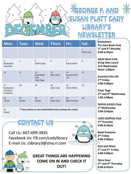 George P. and susan Platt Cady Library’s newsletter Contact Us