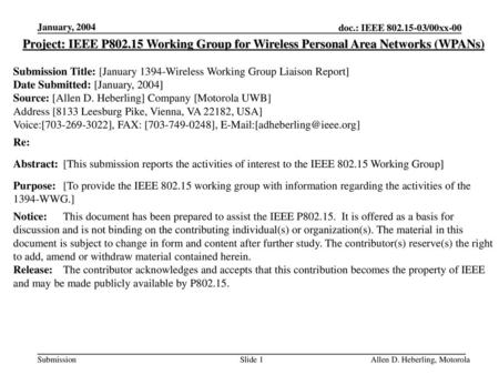 January, 2004 Project: IEEE P802.15 Working Group for Wireless Personal Area Networks (WPANs) Submission Title: [January 1394-Wireless Working Group Liaison.