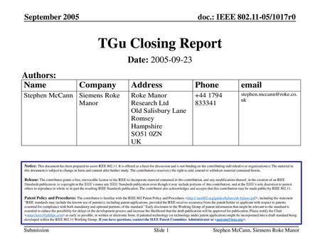 TGu Closing Report Date: Authors: September 2005