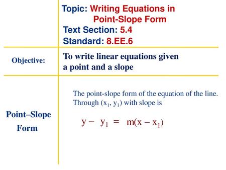 y – y1 = m (x – x1) Topic: Writing Equations in Point-Slope Form