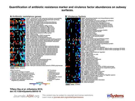 Quantification of antibiotic resistance marker and virulence factor abundances on subway surfaces. Quantification of antibiotic resistance marker and virulence.
