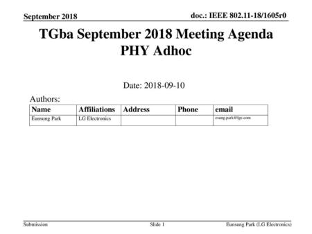 TGba September 2018 Meeting Agenda PHY Adhoc