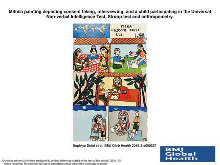 Mithila painting depicting consent taking, interviewing, and a child participating in the Universal Non-verbal Intelligence Test, Stroop test and anthropometry.