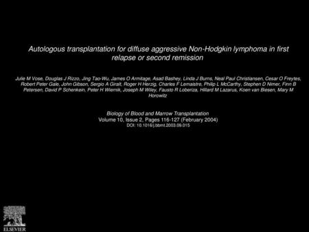 Autologous transplantation for diffuse aggressive Non-Hodgkin lymphoma in first relapse or second remission  Julie M Vose, Douglas J Rizzo, Jing Tao-Wu,
