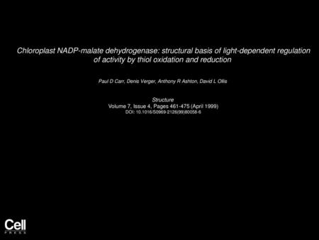 Chloroplast NADP-malate dehydrogenase: structural basis of light-dependent regulation of activity by thiol oxidation and reduction  Paul D Carr, Denis.