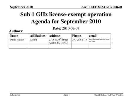 Sub 1 GHz license-exempt operation Agenda for September 2010