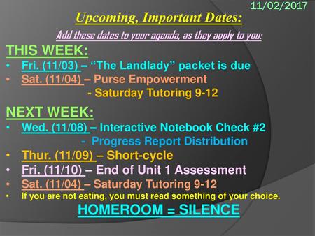 Upcoming, Important Dates: