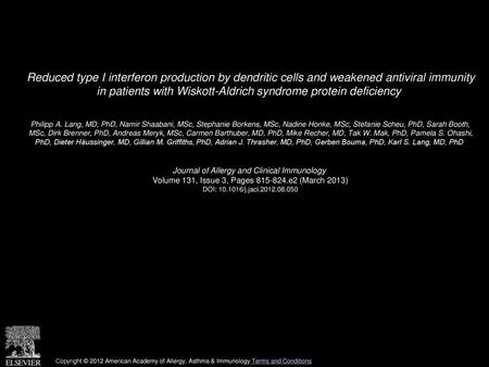 Reduced type I interferon production by dendritic cells and weakened antiviral immunity in patients with Wiskott-Aldrich syndrome protein deficiency 