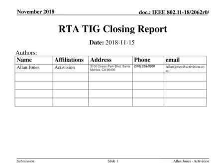 RTA TIG Closing Report Date: Authors: November 2018