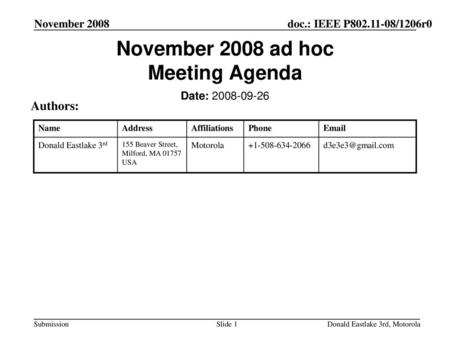 November 2008 ad hoc Meeting Agenda