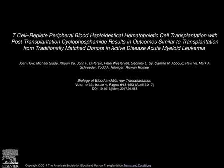 T Cell–Replete Peripheral Blood Haploidentical Hematopoietic Cell Transplantation with Post-Transplantation Cyclophosphamide Results in Outcomes Similar.