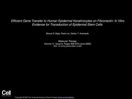 Efficient Gene Transfer to Human Epidermal Keratinocytes on Fibronectin: In Vitro Evidence for Transduction of Epidermal Stem Cells  Bharat G. Bajaj,