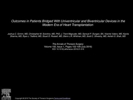 Outcomes in Patients Bridged With Univentricular and Biventricular Devices in the Modern Era of Heart Transplantation  Joshua C. Grimm, MD, Christopher.