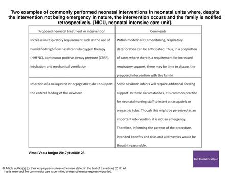 Two examples of commonly performed neonatal interventions in neonatal units where, despite the intervention not being emergency in nature, the intervention.