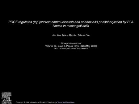 PDGF regulates gap junction communication and connexin43 phosphorylation by PI 3- kinase in mesangial cells  Jian Yao, Tetsuo Morioka, Takashi Oite  Kidney.