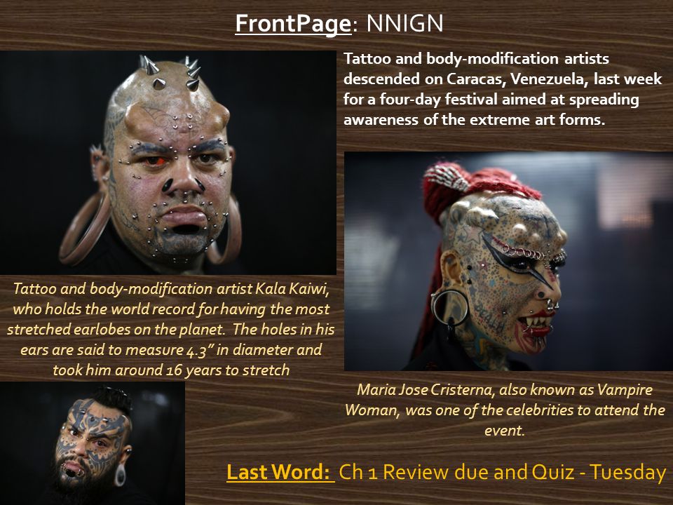 FrontPage: NNIGN 1 Last Word: Ch 1 Review due and Quiz - Tuesday Tattoo and  body-modification artist Kala Kaiwi, who holds the world record for having.  - ppt download