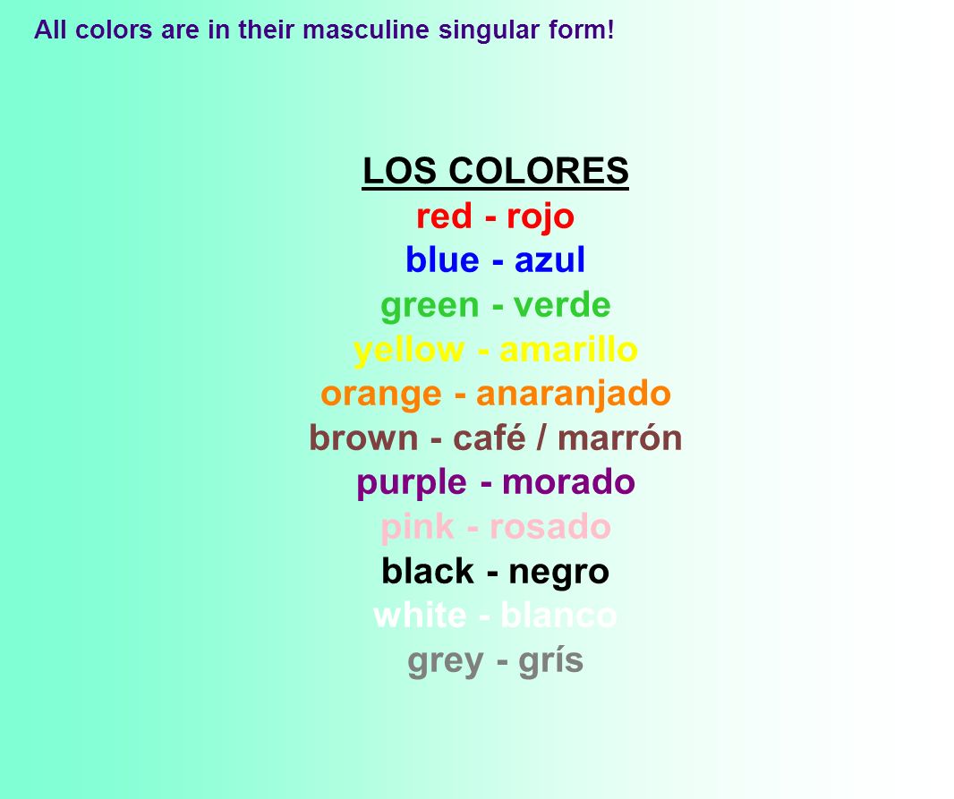 1: Amarillos 2: Naranjas 3: Rojos 4: Púrpuras 5: Azules 6: Verdes 7: Grises  8: Marrones 9: Negros …