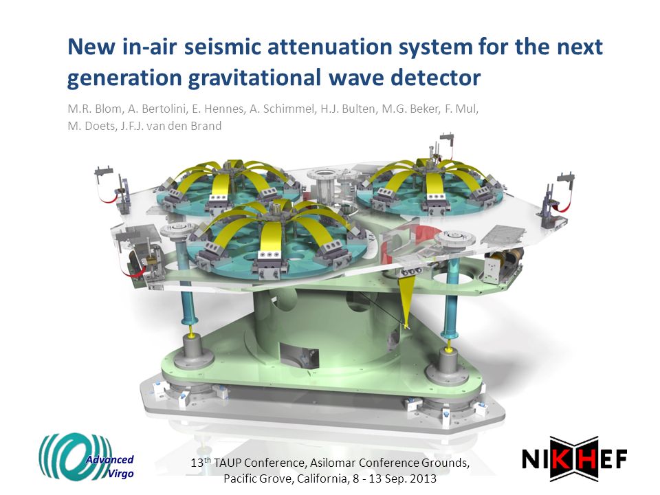 New in-air seismic attenuation system for the next generation gravitational  wave detector M.R. Blom, A. Bertolini, E. Hennes, A. Schimmel, H.J. Bulten,  - ppt download