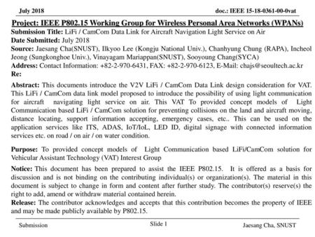 March 2017 Project: IEEE P802.15 Working Group for Wireless Personal Area Networks (WPANs) Submission Title: LiFi / CamCom Data Link for Aircraft Navigation.